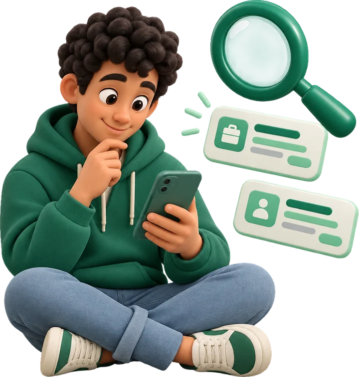 A young man browsing job listings on his phone